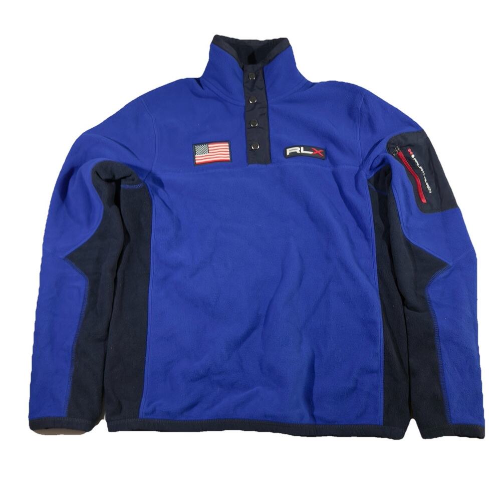 Ralph Lauren RLX Sweatshirt Mens Small Blue USA Flag 1/4 Zip Snap Fleece Jacket